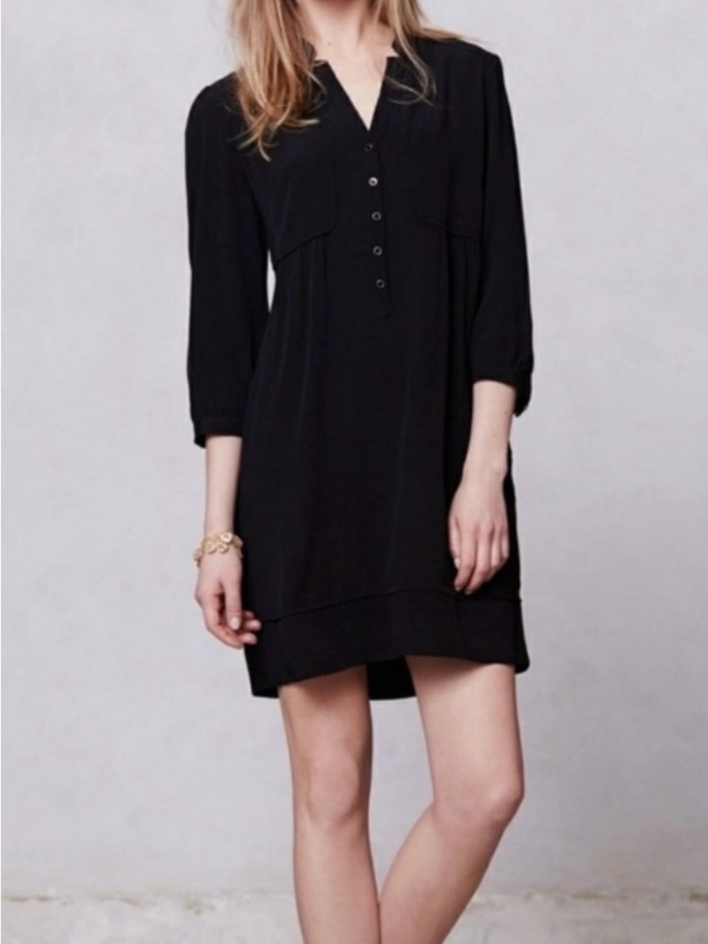 Maeve Black Long-Sleeve V-Neck Button Shift Dress